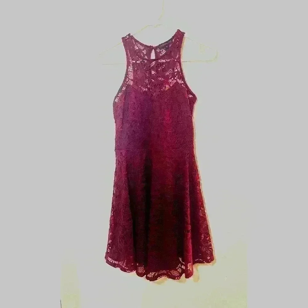Material Girl Womens Juniors Cocktail Dress Lace Illusion - Zinfandel - Picture 2 of 3